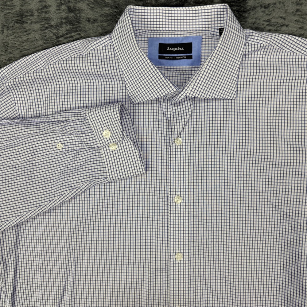 Esquire Dress Shirt Mens 17.5 34/35 Blue White‎ Slim Fit Non-Iron Micro-Check